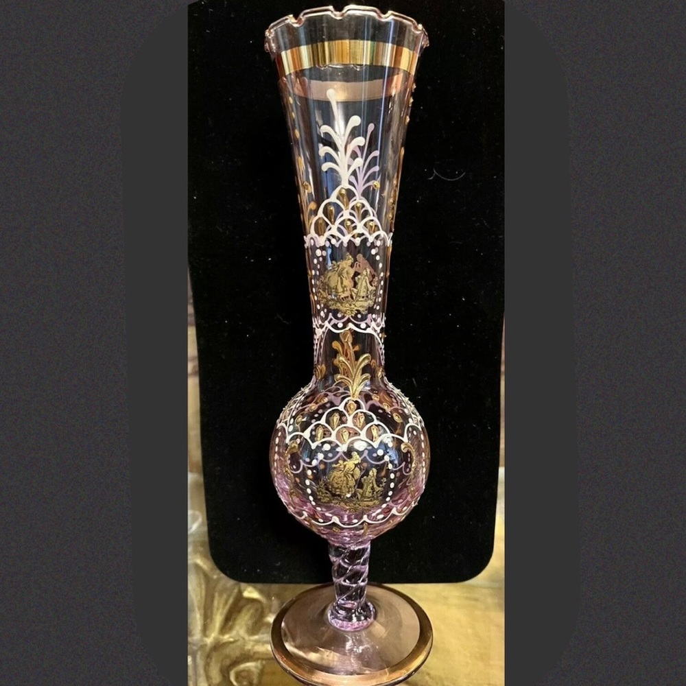 Alexandrite Antique Vase  Glass Courting Couples Enamel .Bohemian Glass.